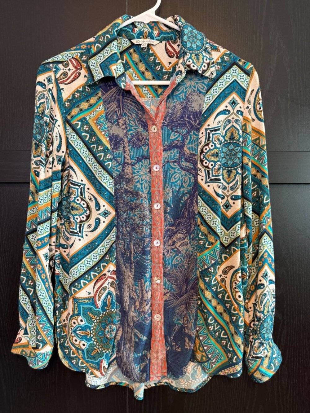 John Mark Mixed Print Colorful Button Up Collared Blouse XS Long Sleeve Workwear